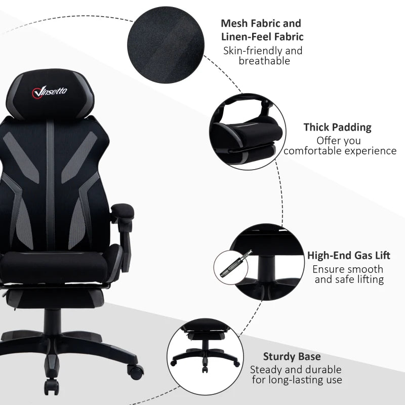 Vinsetto Ergonomic Mesh Office Chair with Footrest & Lumbar Support - Adjustable Height, Swivel Wheels, Black Grey