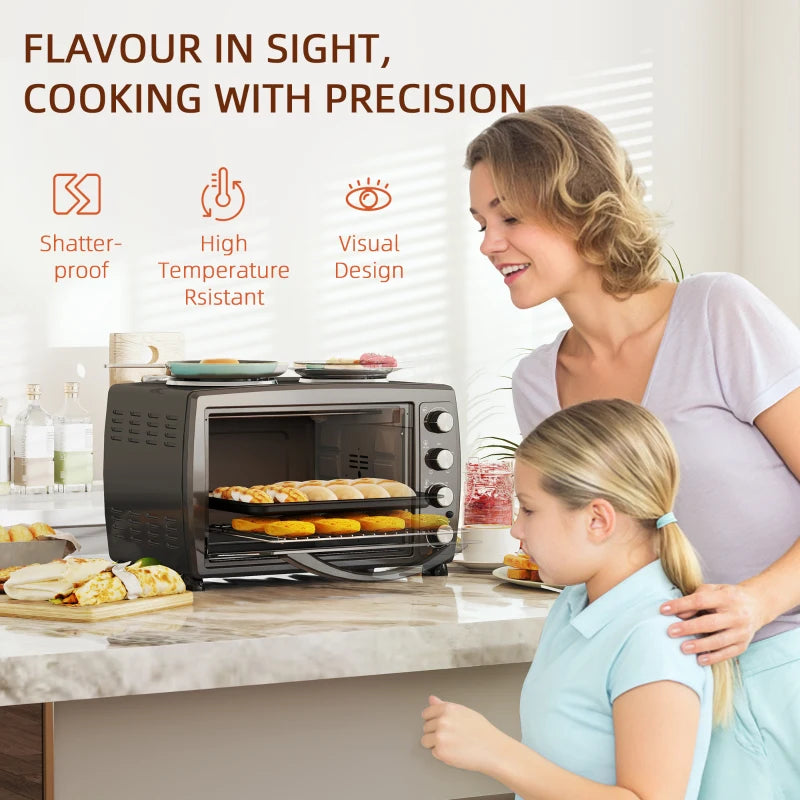36L Electric Countertop Toaster Oven with 2 Hot Plates, Timer, Adjustable Temp, Baking Tray & Grill Rack - 2600W Black