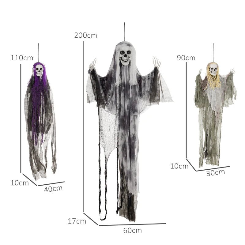 Set of 3 Hanging Skeleton Halloween Decorations - Scary Flying Ghosts for Garden & Party - 90/110/170cm Sizes