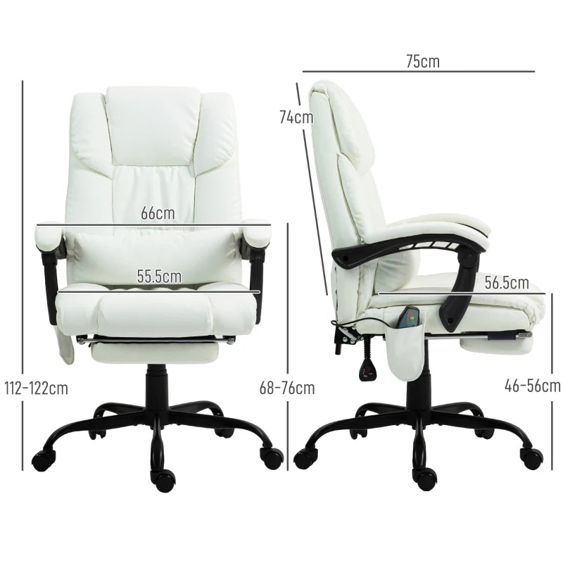 Vinsetto 6-Point Massage Office Chair - Adjustable PU Leather Desk Chair with Footrest for Home Office - White