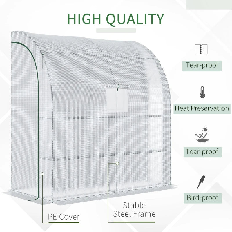 Green Walk-In Lean-to Greenhouse with Windows and Doors - 2 Tiers, 4 Shelves - White