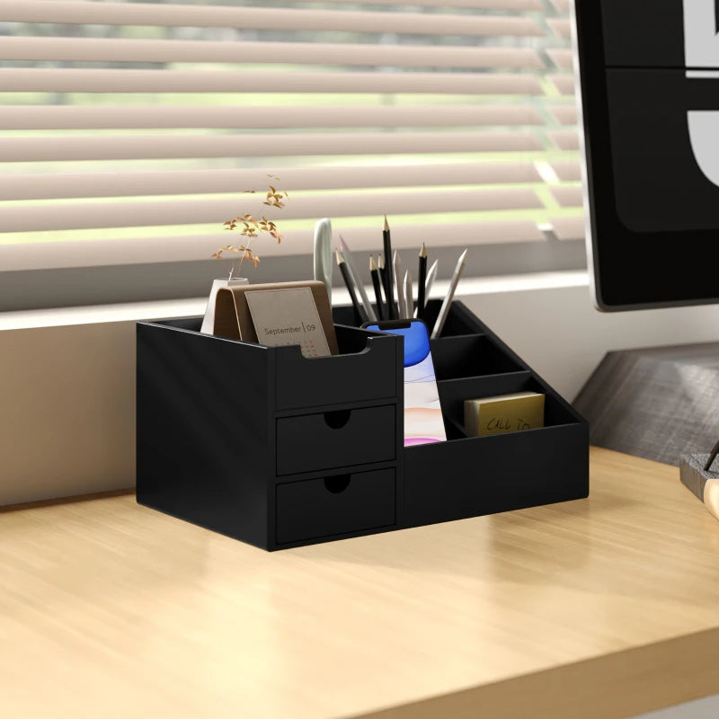 Bamboo Desk Organiser Holder - Multi-Function Storage Caddy with 7 Compartments & 2 Drawers for Home Office Supplies - Black