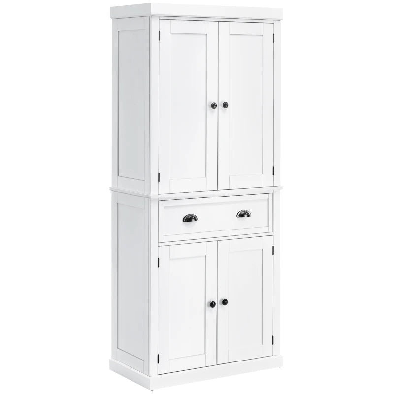 Freestanding 184cm Tall Kitchen Cupboard - Colonial 4-Door Pantry Storage Cabinet with Drawer, White Finish