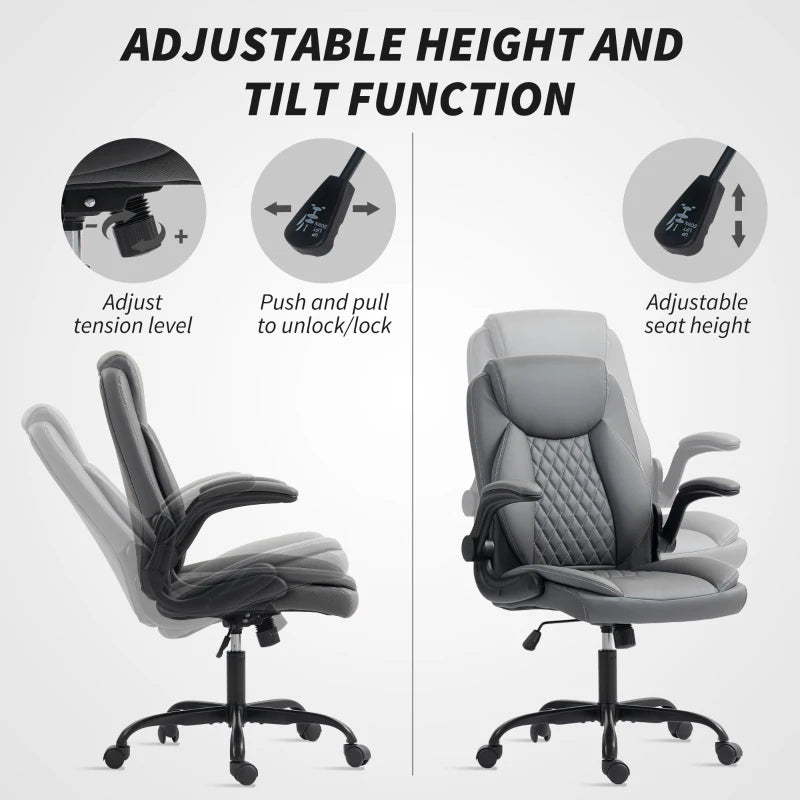 Charcoal Grey Faux Leather Office Chair with Flip-Up Armrests - Ergonomic Design for Comfort and Style