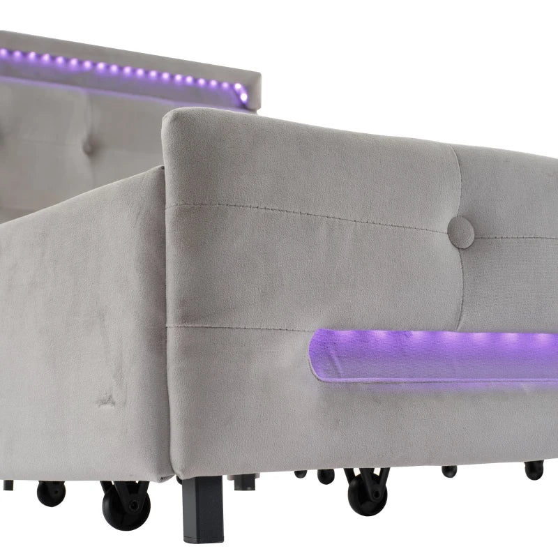 Velvet Upholstered Double Bed with Storage & LED Lights - Soft Backrest, 4 Drawers, Gray - 198x140x98 cm
