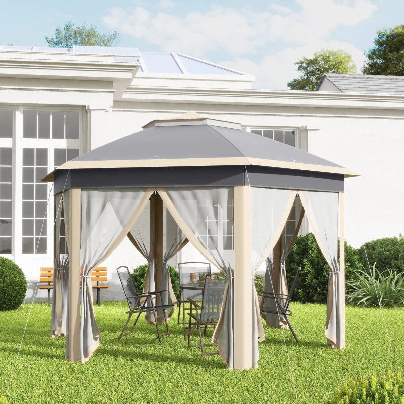 Hexagon Outdoor Patio Gazebo with Netting, Khaki, 3x4m