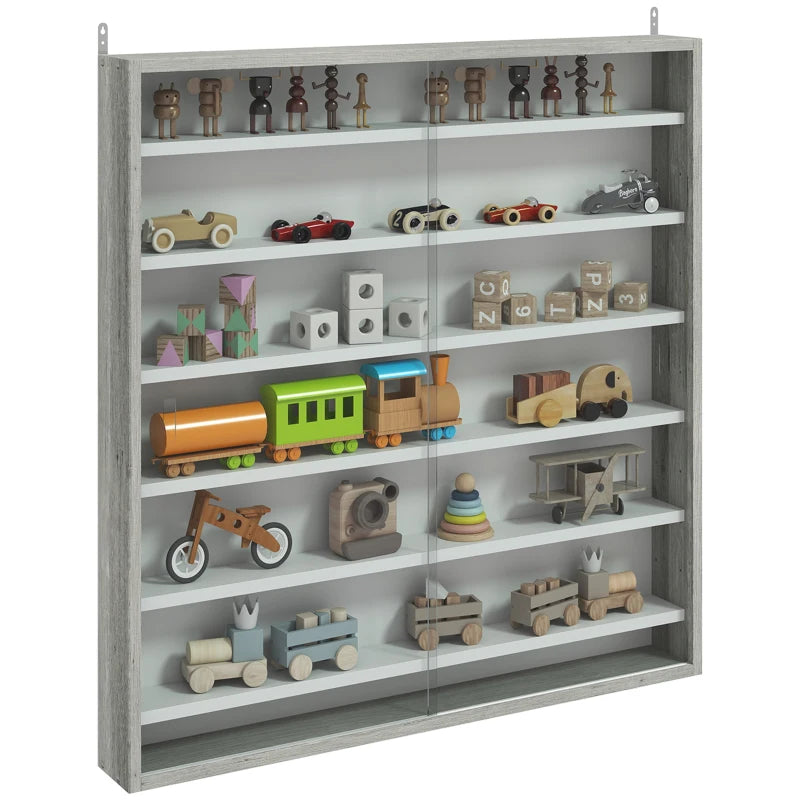 Stylish Six Shelf Display Cabinet with Glass Doors - Modern Graphite Wood Effect Storage Solution for Home or Office