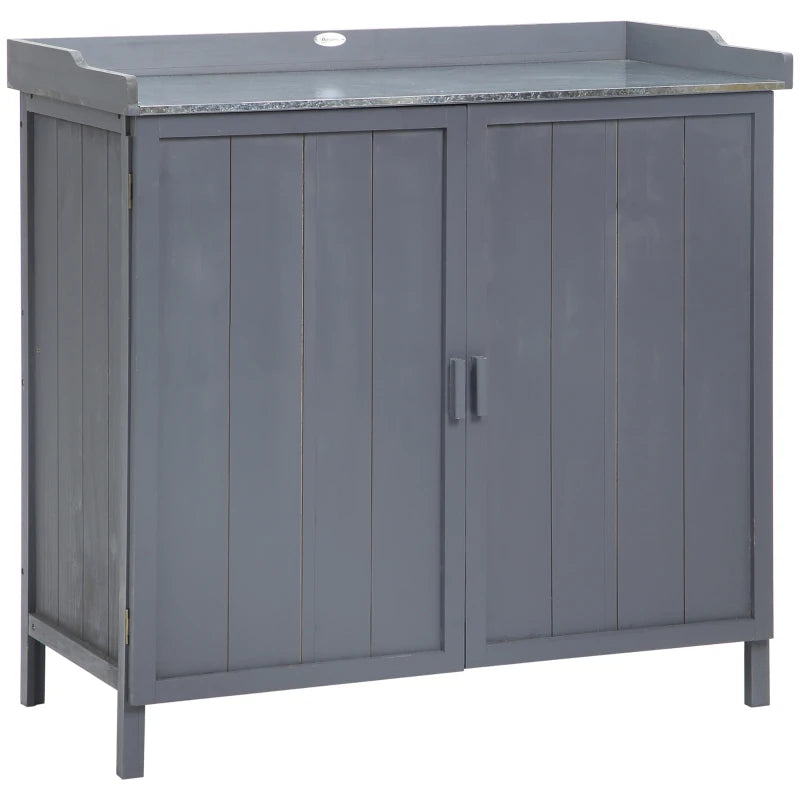 Grey Outdoor Garden Storage Cabinet with Galvanized Top and Shelves