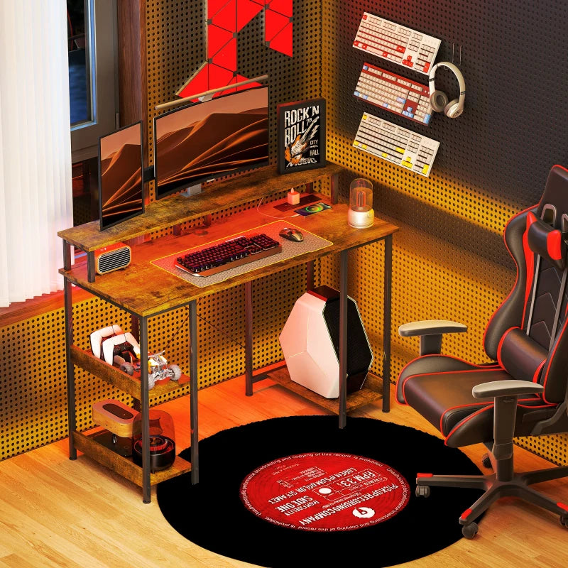 Rustic Brown LED Computer Desk with Power Outlets & Shelves - Modern Home Office Furniture for Productivity