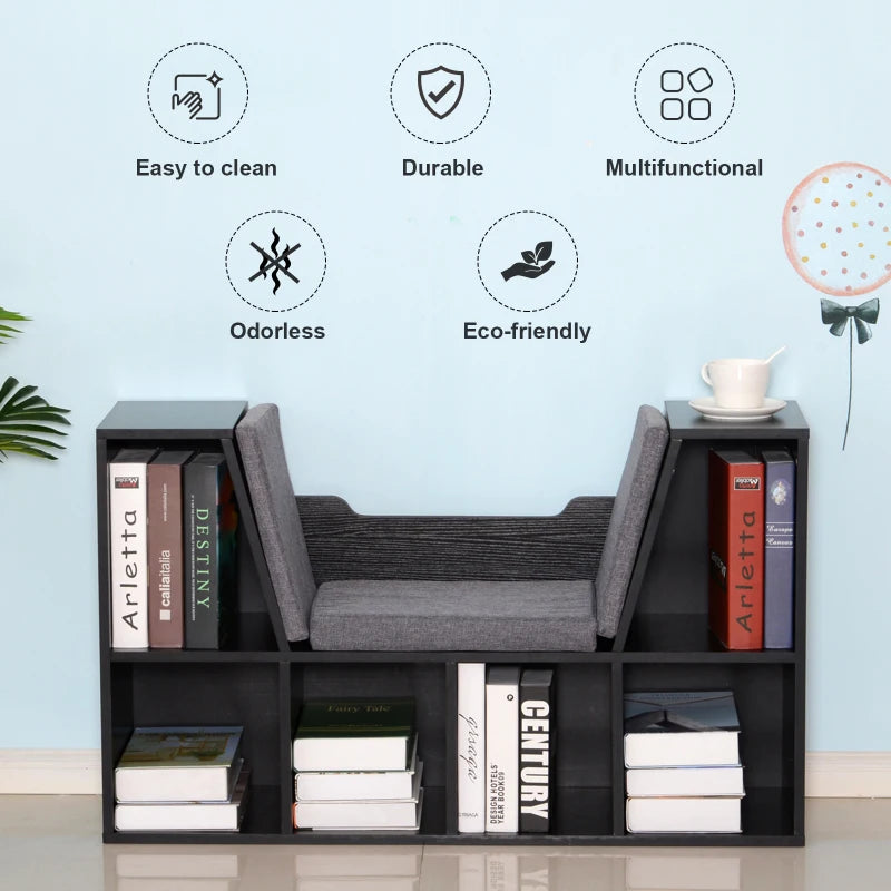 Stylish Black Bookcase Storage Shelf with Cushioned Reading Seat - Cube Bookshelf Organizer for Bedroom & Living Room