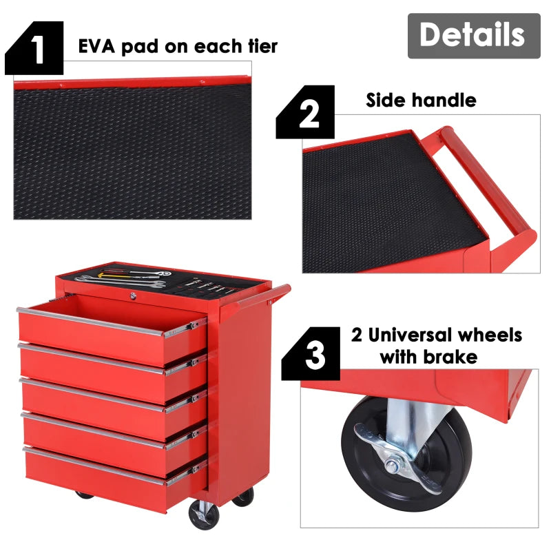 5 Drawer Rolling Tool Cabinet for Garage Storage Box - Red