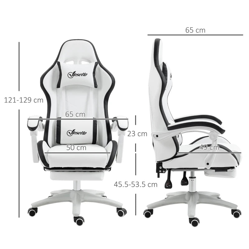 Vinsetto Gaming Chair with Footrest - PU Leather Office Desk Chair, 135° Recline, Lumbar Support, Headrest, White & Black