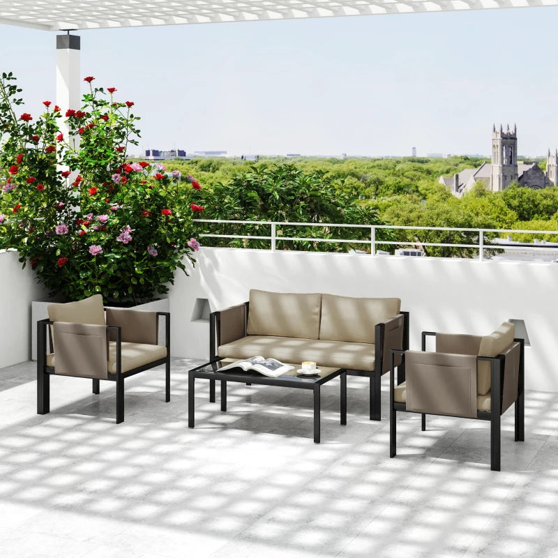 4 Piece Metal Garden Furniture Set with Glass Table and Cushions for Outdoor Relaxation