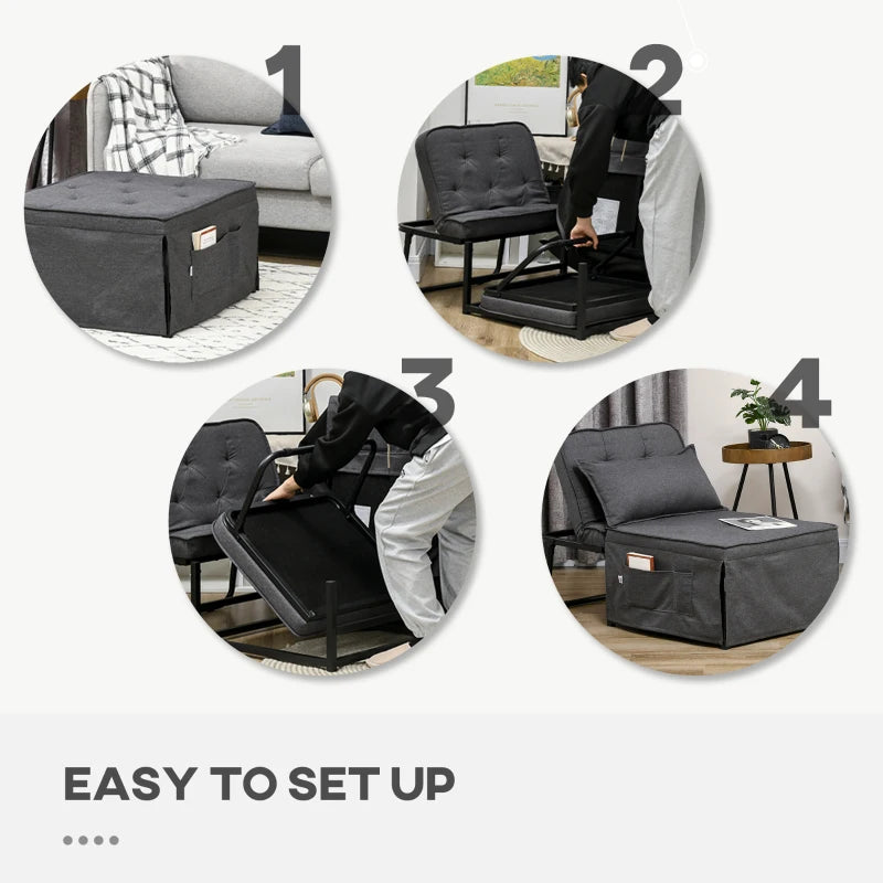 Adjustable Backrest Folding Sleeper Chair Bed with Pillow and Side Pockets for Living Room, Charcoal Grey