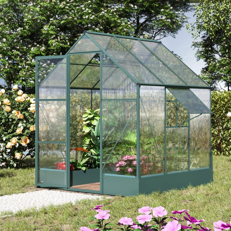 Green Polycarbonate Garden Greenhouse with Plant Bed, 6x6ft