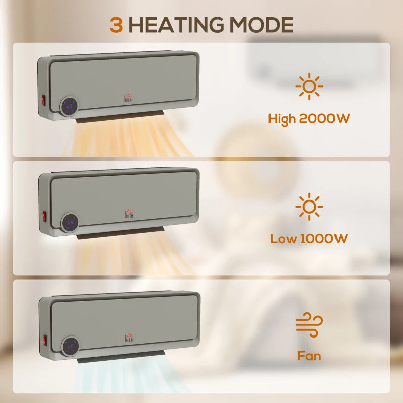 Electric Wall Downflow Heater 2000W with Timer and Remote Control Oscillating Fan for Bedroom and Home Office Grey