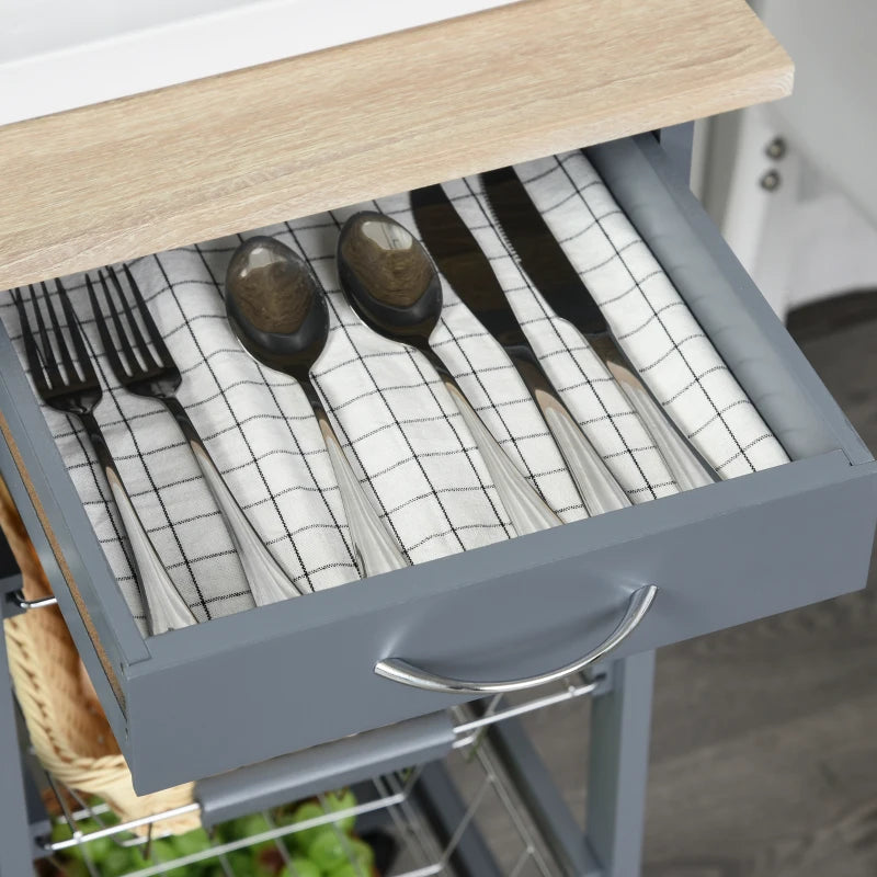 Rolling Kitchen Cart with 4 Basket Drawers & Side Racks - Utility Storage on Wheels for Dining Room - Grey