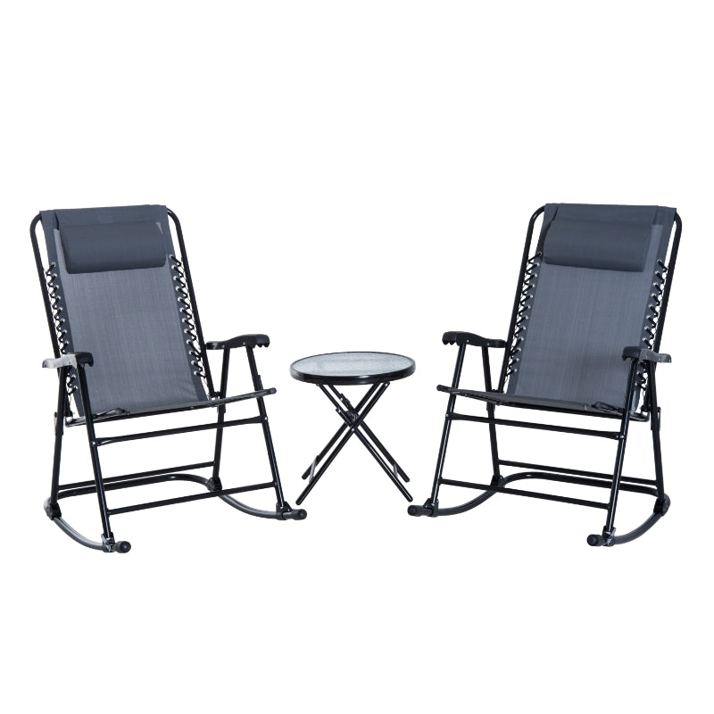 Grey 3-Piece Folding Rocking Chair Set with Glass Table - Outdoor Patio Bistro Set