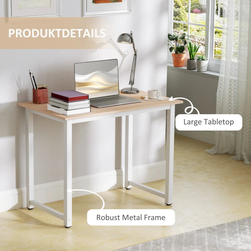 Modern White Computer Desk - 100x60cm Writing Table for Home Office & Study - Sturdy Metal Frame, Easy Assembly
