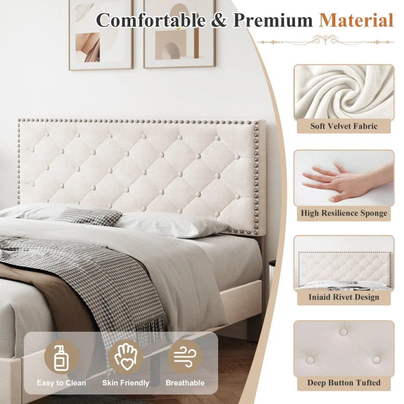 Double Upholstered Velvet Bedstead with Button-Tufted Headboard - Noise-Free, Solid Wood Slats, Beige, 193L x 141W x 110H cm