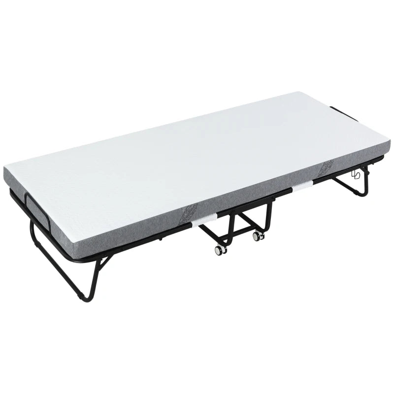 Portable Folding Guest Bed with 10cm Mattress Sturdy Metal Frame on Wheels