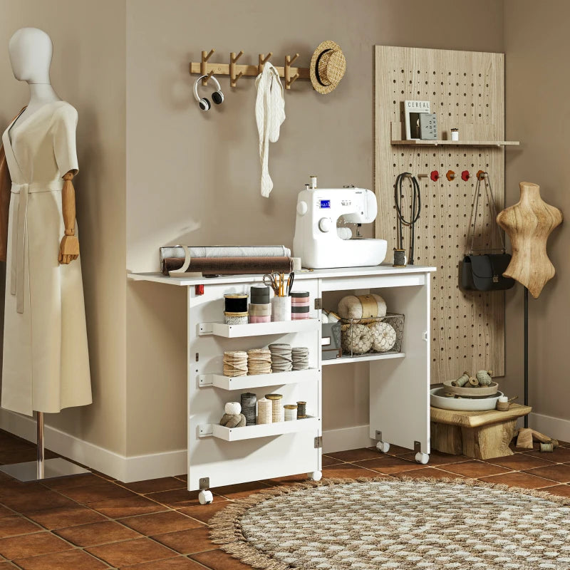 Folding Sewing Table with Drop Leaf & Storage Bins - Rolling Craft Table for Small Spaces, White Sewing Machine Cabinet