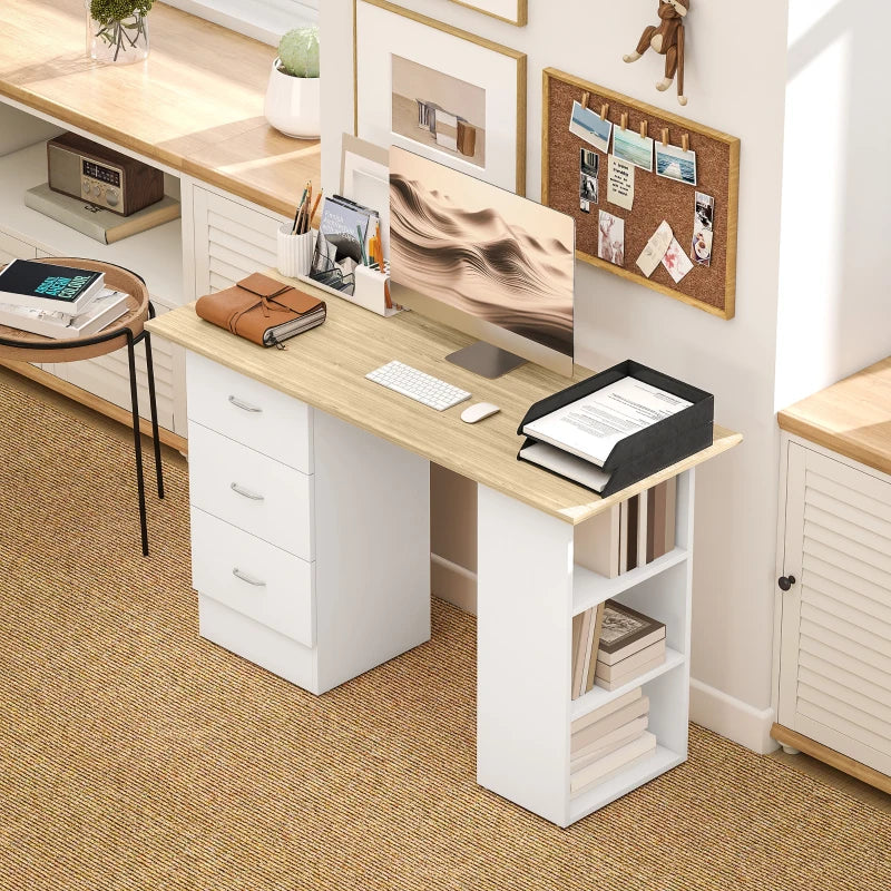 Modern Computer Desk with Storage Shelves and Drawers for Home Office Natural Wood Finish and White