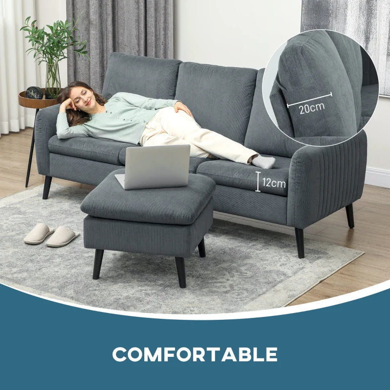 Charcoal Grey 3 Seater L-Shaped Sofa with Ottoman and Reversible Chaise for Small Living Spaces