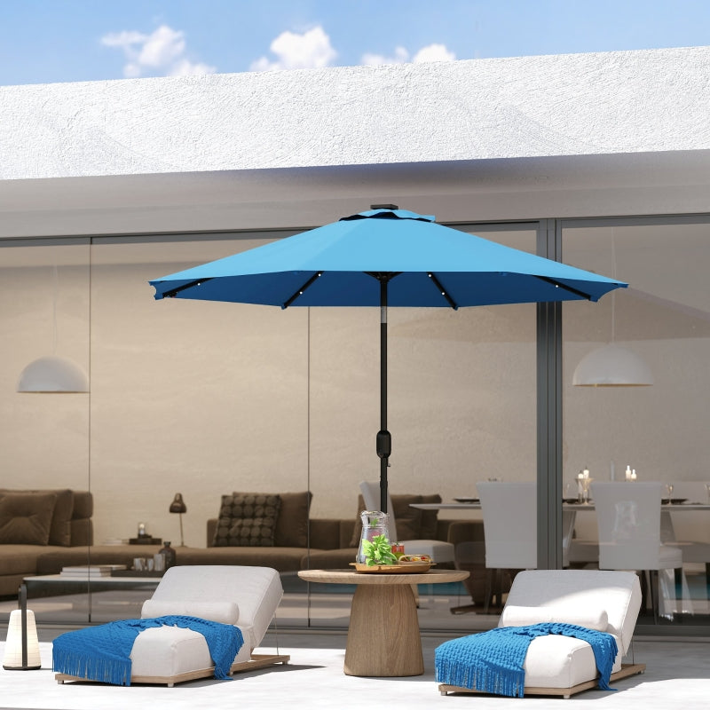 2.7m Blue LED Lighted Patio Umbrella - Outdoor Garden Parasol for Night Use
