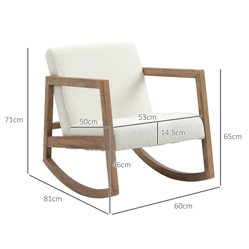 Upholstered Rocking Chair with Cushion and Wooden Base for Living Room and Bedroom in Cream White