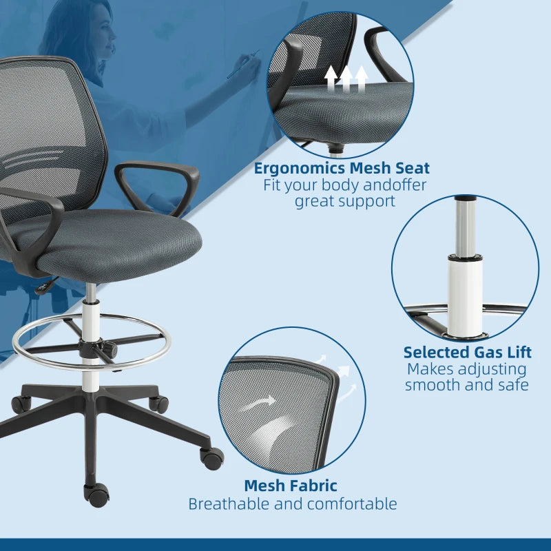 Vinsetto Draughtsman Office Chair with Footrest - Adjustable Height 102.5-126cm, Ergonomic Grey Design for Comfort and Support