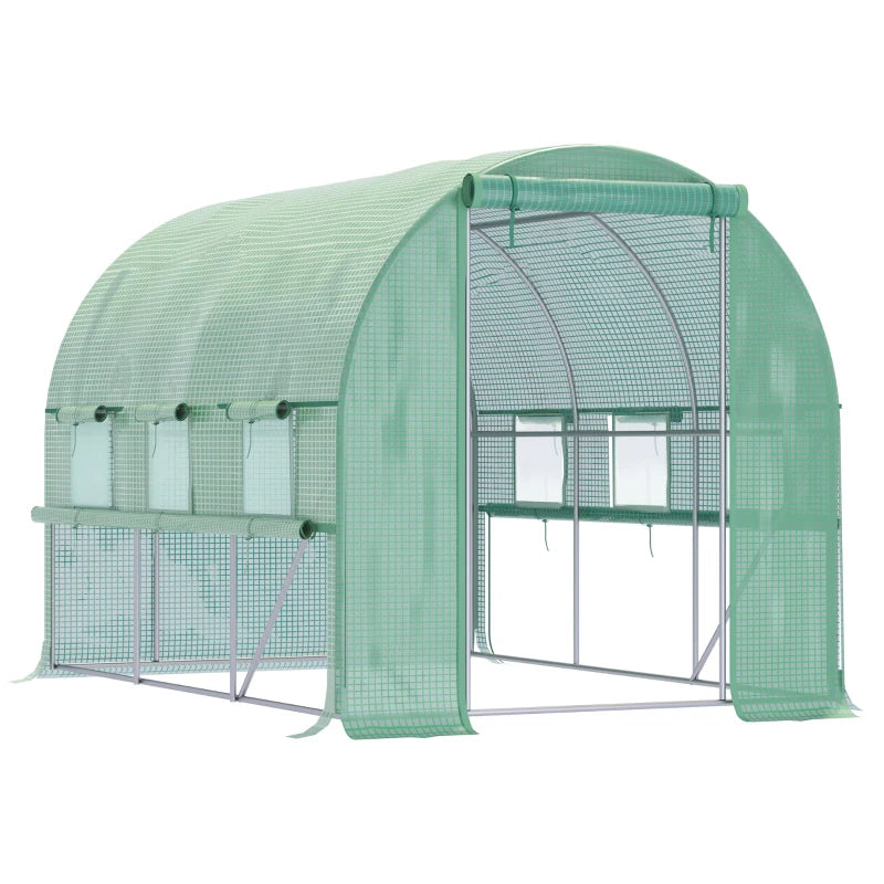 Green Walk-in Polytunnel Greenhouse with Roll-up Sidewalls, UV-resistant Cover, 3x2x2m