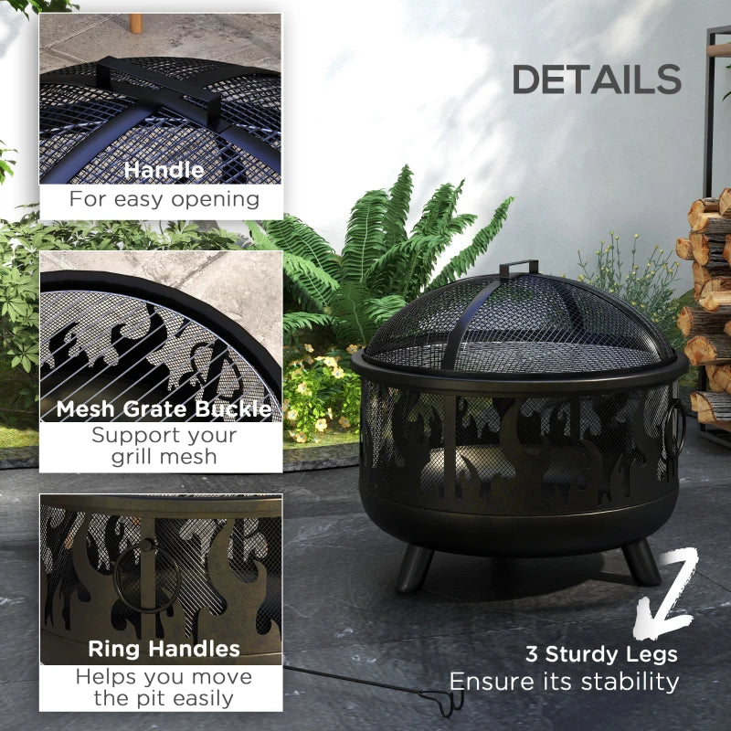 Premium Black Steel Fire Pit BBQ with Poker - Outdoor Heating & Cooking Solution for Patios, Gardens, and Backyards