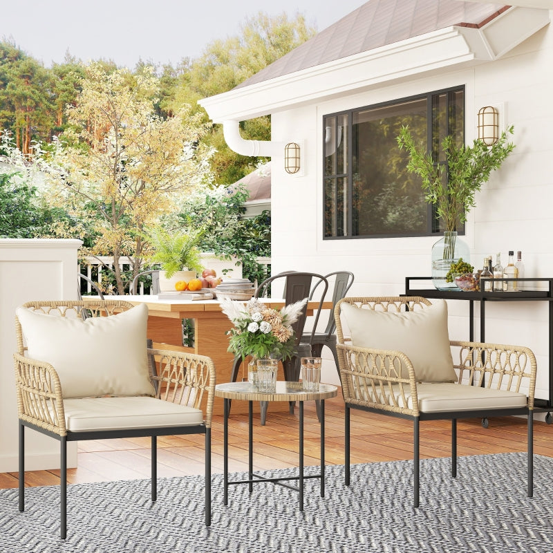 3 Piece Rattan Bistro Set with Cushions - Outdoor Wicker Furniture for Patio & Balcony