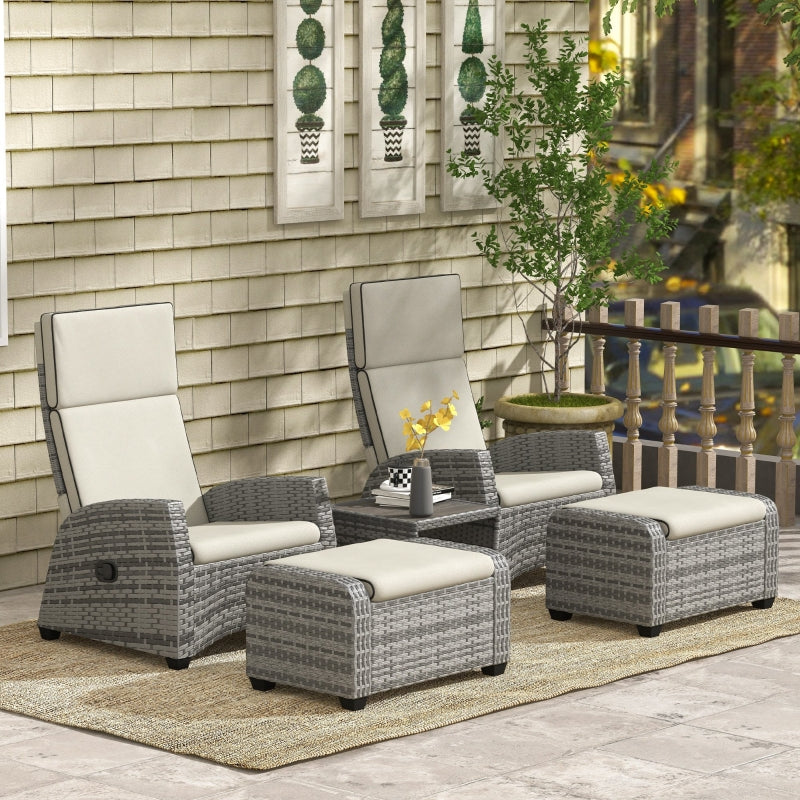 5-Piece Grey Rattan Patio Recliner Set with Footstools & Coffee Table