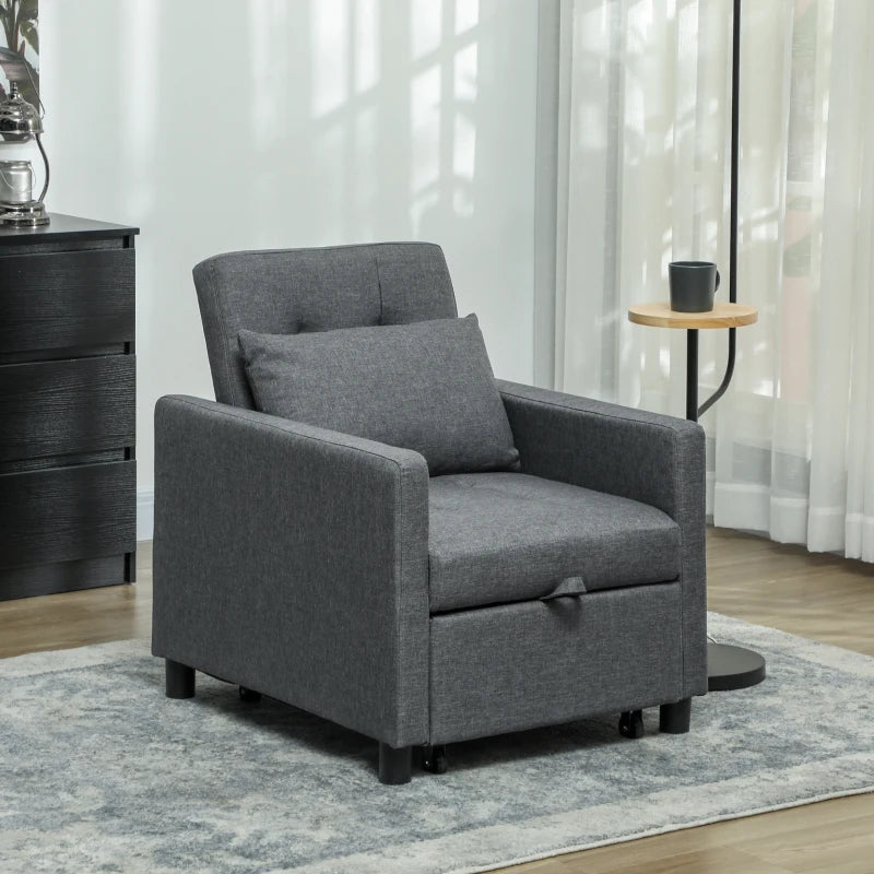 Convertible 3-in-1 Chair Bed with Adjustable Backrest, Pillow and Footrest for Living Room in Dark Grey