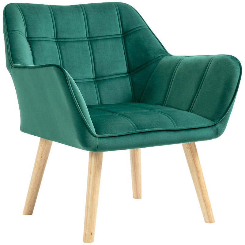 Stylish Green Accent Chair with Wide Arms, Slanted Back, Thick Padding and Rubber Wood Legs for Living Room
