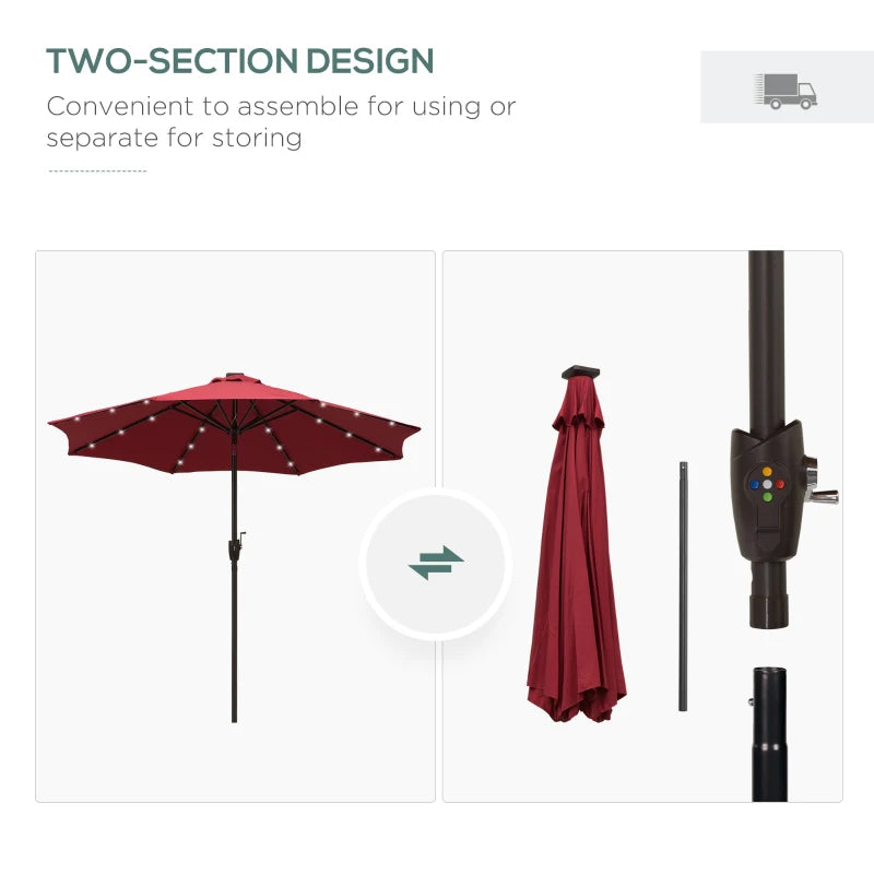 Red Solar LED Light Patio Umbrella with Hand Crank