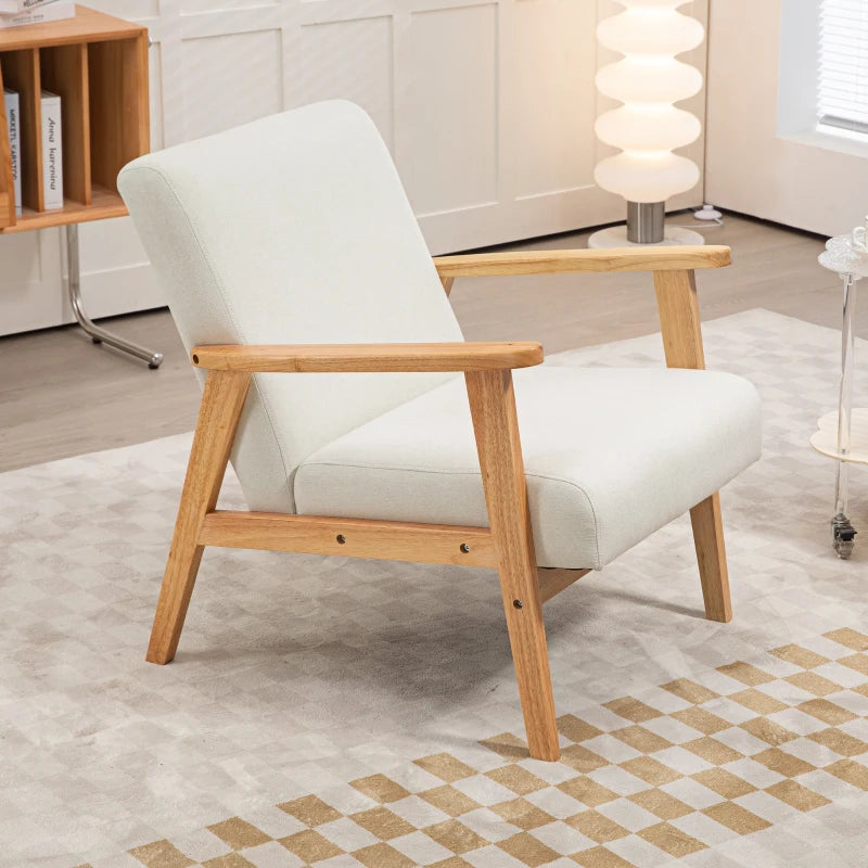 Stylish Cream White Fabric Accent Chair with Rubber Wood Frame and Comfortable Padded Cushion for Living Room