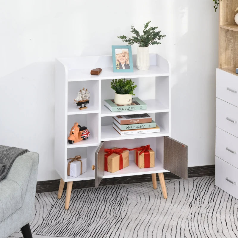Freestanding Bookcase with Storage Cabinet - 6 Shelves, Wood Legs, White & Grey - Home Office Display, 24D x 71.8W x 90.8H cm