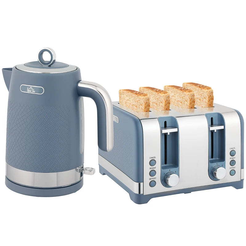 Sleek Blue Textured Kettle & Four-Slice Toaster Set - Modern Kitchen Appliances for Stylish Cooking