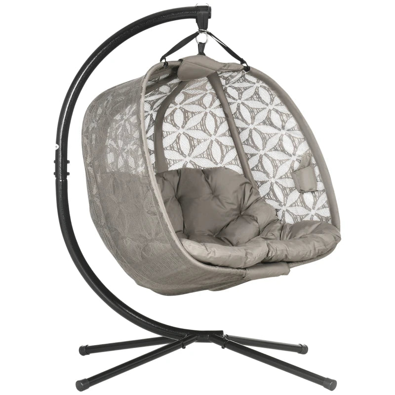 Sand Brown Double Hanging Swing Chair with Metal Stand and Padded Cushion