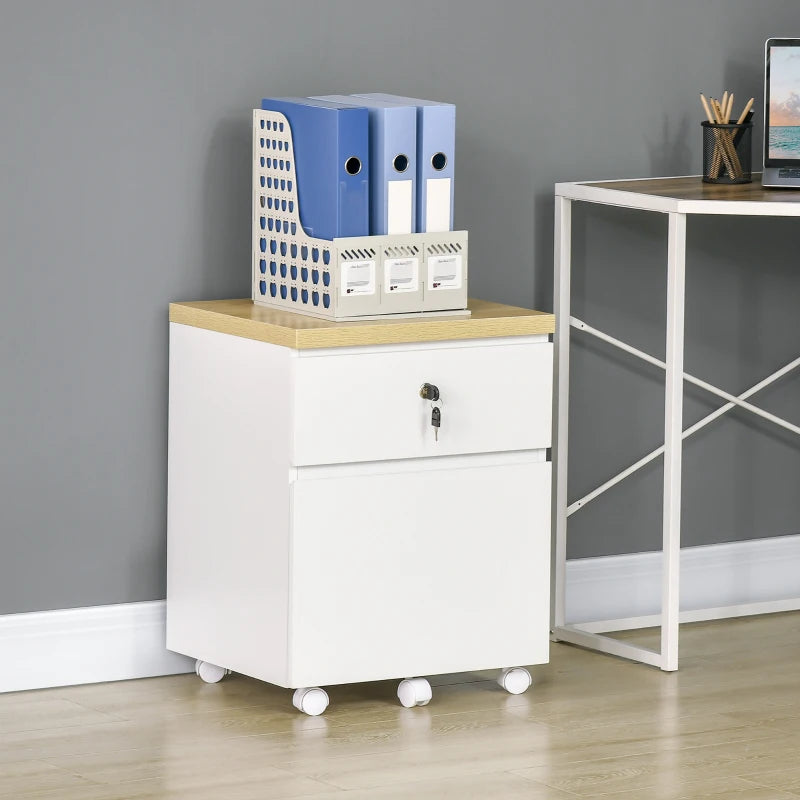 Vinsetto Mobile 2-Drawer Filing Cabinet with Lock & Wheels - White Legal Size File Storage for Home Office & Study