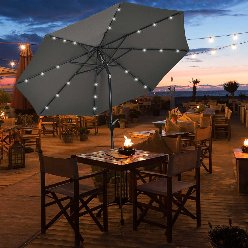 Grey Solar LED Light Patio Umbrella with Hand Crank