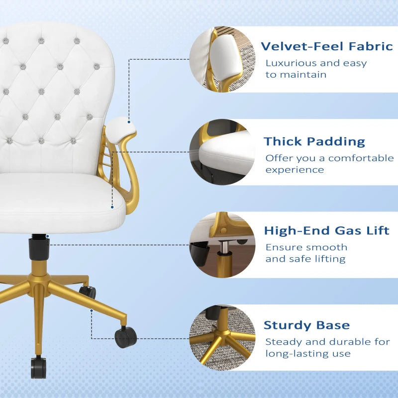 Vinsetto Cream White Height Adjustable Office Chair - Button Tufted Computer Chair with Padded Armrests & Tilt Function