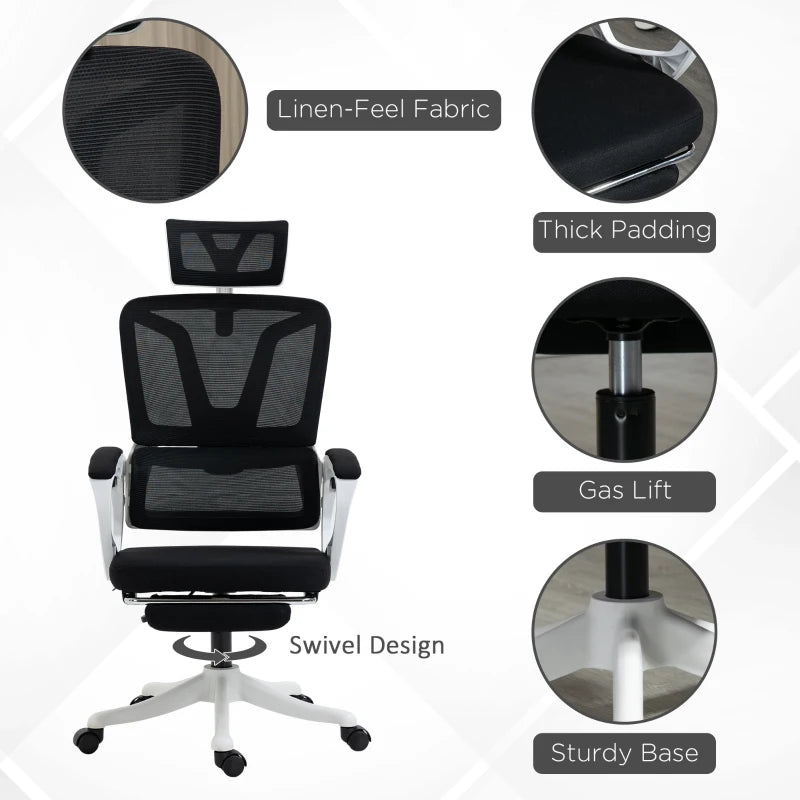 Vinsetto Ergonomic High Back Office Chair - Reclining Mesh Desk Chair with Adjustable Headrest, Lumbar Support & Foot Rest - Black