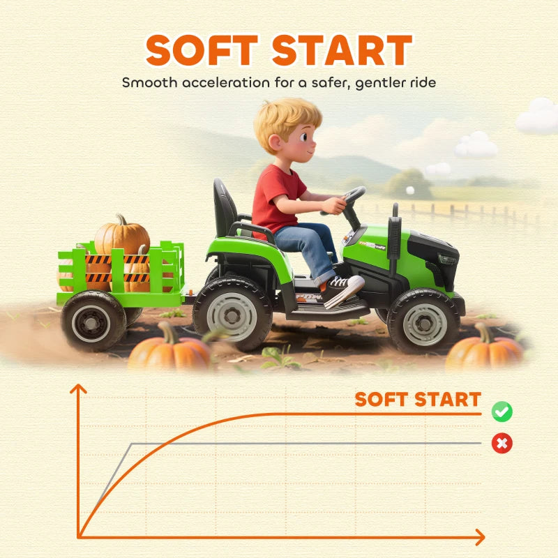 12V Kids Ride on Tractor with Trailer Remote Control Music for Ages 3-8 Green