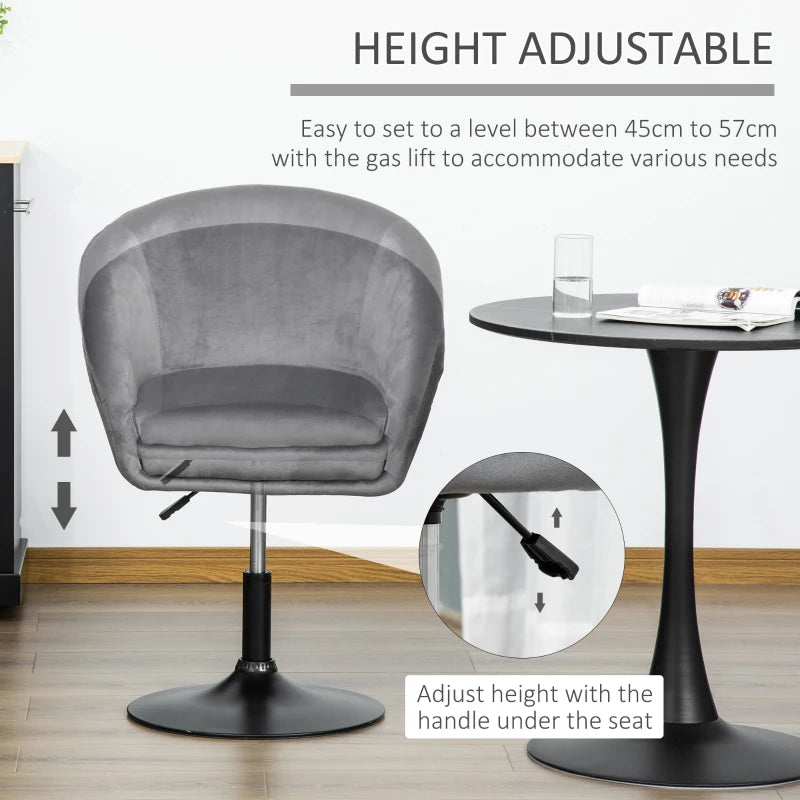 360° Swivel Velvet Upholstered Dressing Table Chair - Adjustable Height Tub Seat for Bedroom Makeup - Grey