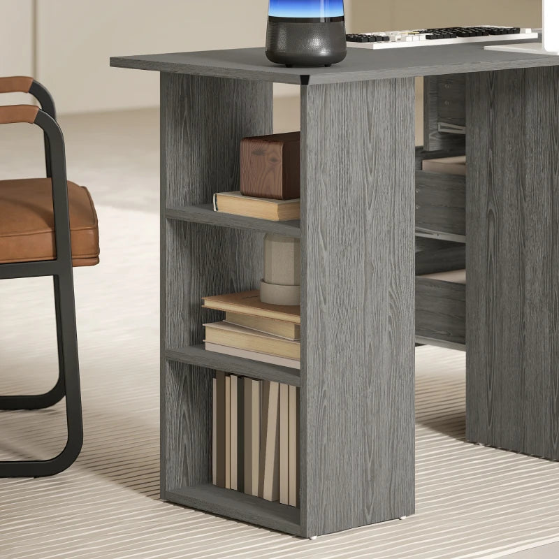 Modern Grey Computer Desk with 3 Storage Shelves & Drawers, Stylish Writing Table for Home Office, Silver Handle Workstation