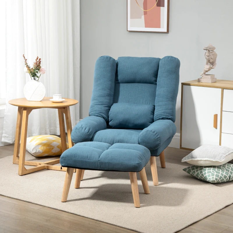 Blue Accent Armchair with Footstool, 180° Recliner and Adjustable Backrest, Stylish Wooden Legs for Living Room